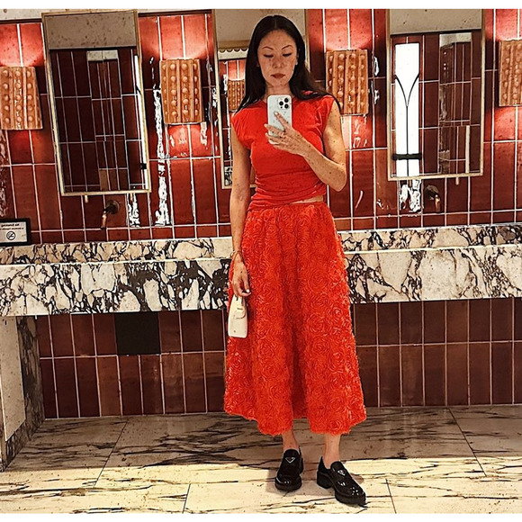 ZARA Floral Voluminous Midi Skirt NWT | Red Textured A-Line - Picture 13 of 16